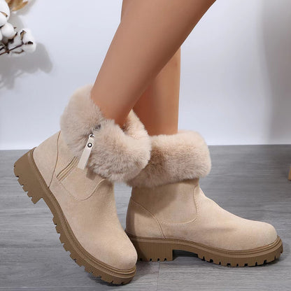 Bottes chaudes en peluche confortable, chaussures d'hiver à fermeture éclair latérale, chaussures d'extérieur épaisses à talons bas