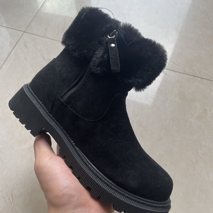 Bottes chaudes en peluche confortable, chaussures d'hiver à fermeture éclair latérale, chaussures d'extérieur épaisses à talons bas