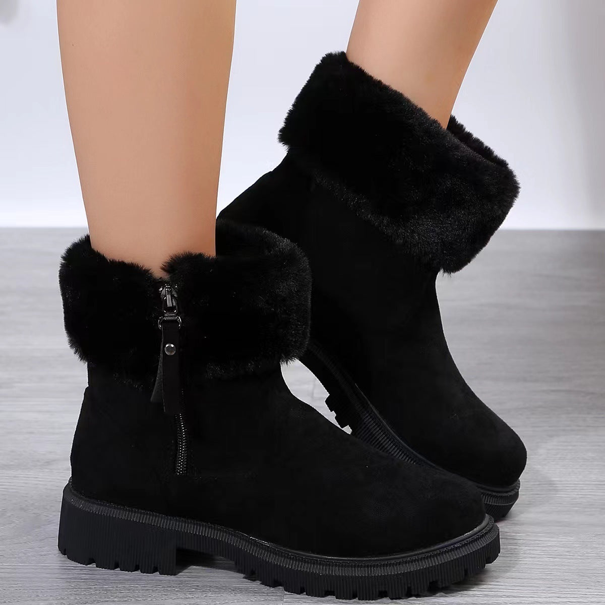 Bottes chaudes en peluche confortable, chaussures d'hiver à fermeture éclair latérale, chaussures d'extérieur épaisses à talons bas