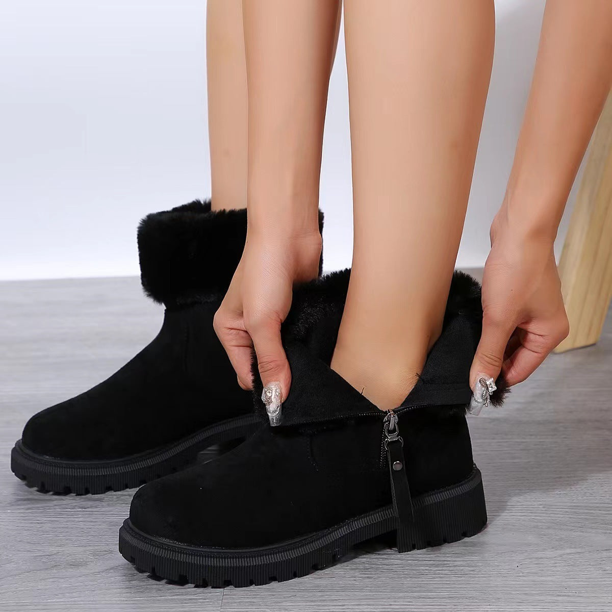 Bottes chaudes en peluche confortable, chaussures d'hiver à fermeture éclair latérale, chaussures d'extérieur épaisses à talons bas