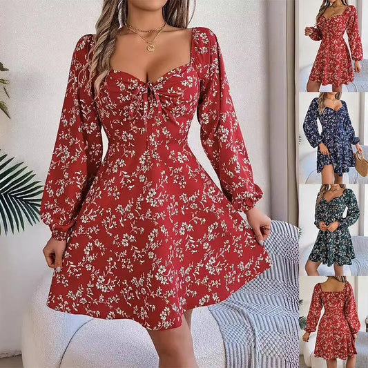 Mode imprimé floral manches lanterne robe décontractée sexy cravate col carré manches longues robe ligne A vêtements pour femmes USA