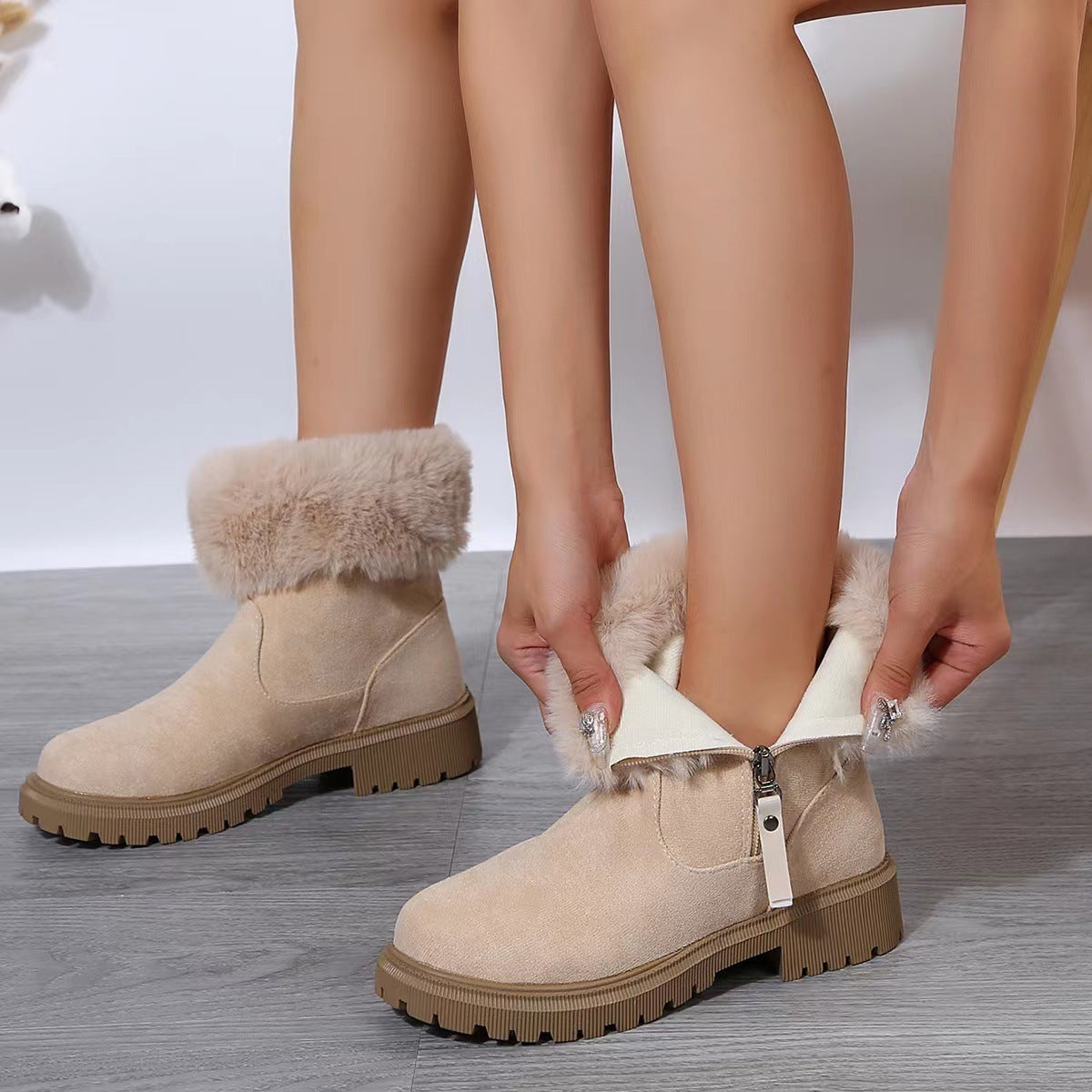 Bottes chaudes en peluche confortable, chaussures d'hiver à fermeture éclair latérale, chaussures d'extérieur épaisses à talons bas